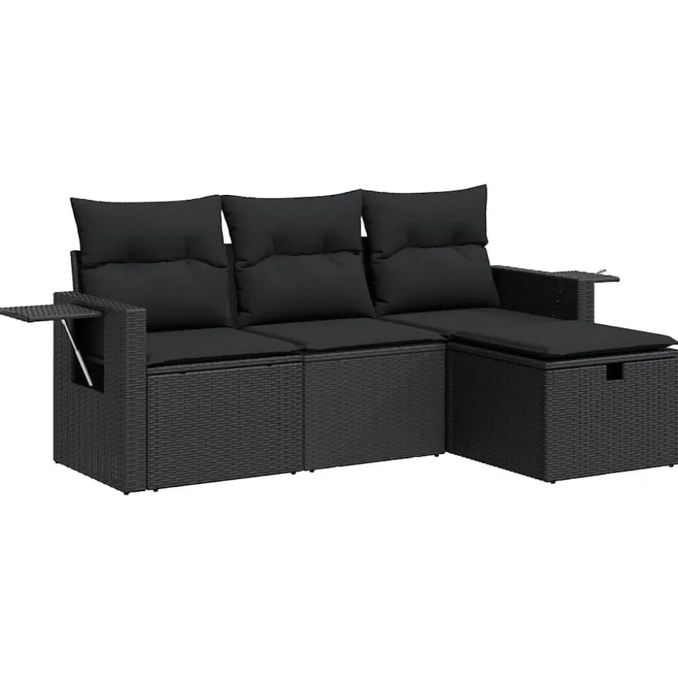 vidaXL 4-delige Loungeset met kussens poly rattan zwart