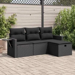 vidaXL 4-delige Loungeset met kussens poly rattan zwart
