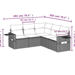 vidaXL 5-delige Loungeset met kussens poly rattan grijs