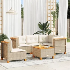 vidaXL 6-delige Loungeset met kussens poly rattan beige