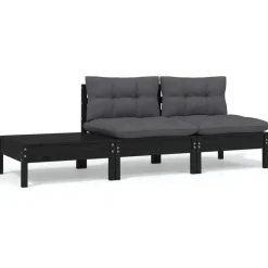 vidaXL 3-delige Loungeset met kussens massief grenenhout zwart