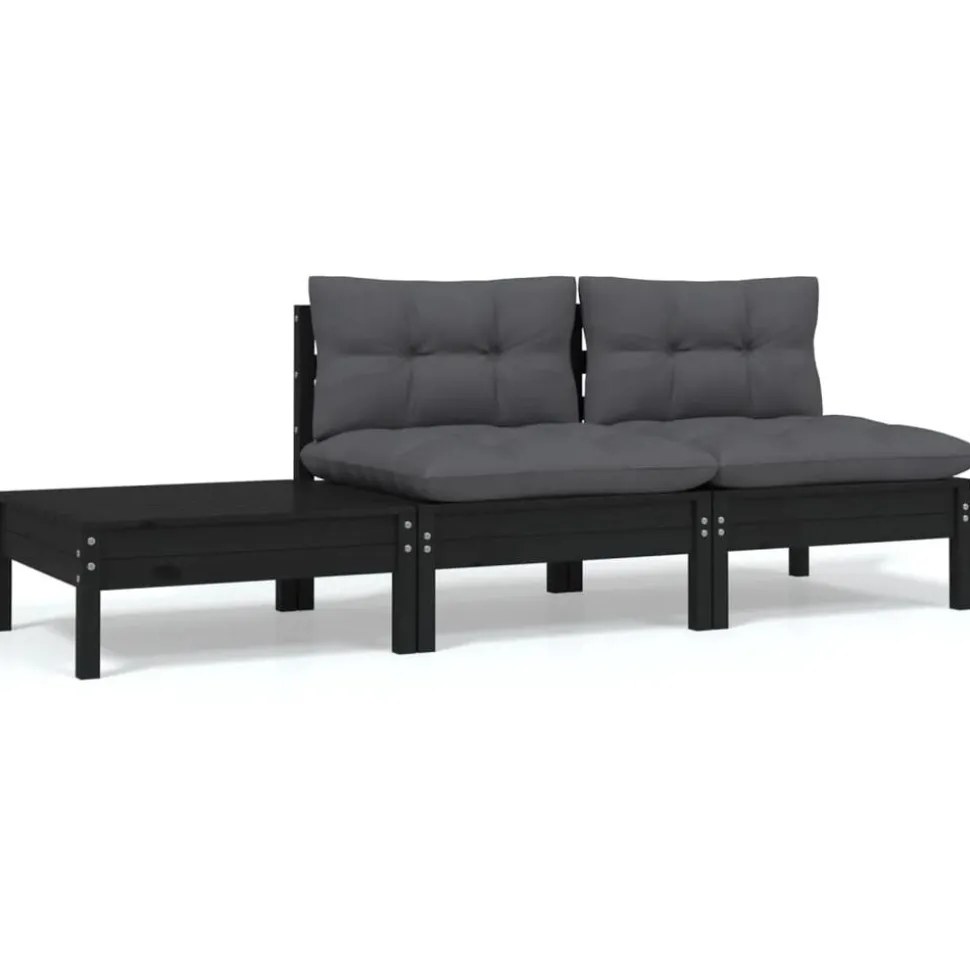 vidaXL 3-delige Loungeset met kussens massief grenenhout zwart
