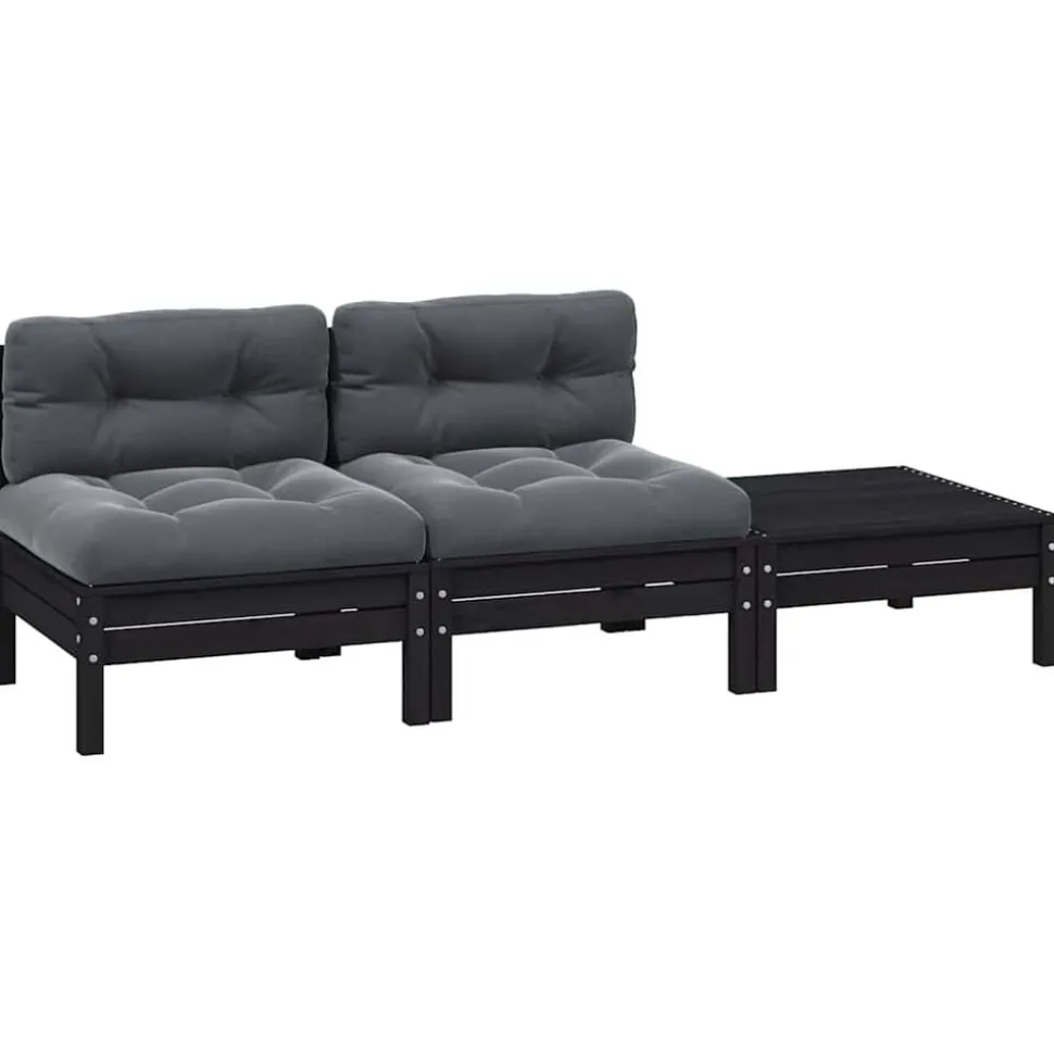vidaXL 3-delige Loungeset met kussens massief grenenhout zwart