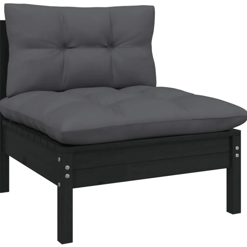 vidaXL 3-delige Loungeset met kussens massief grenenhout zwart
