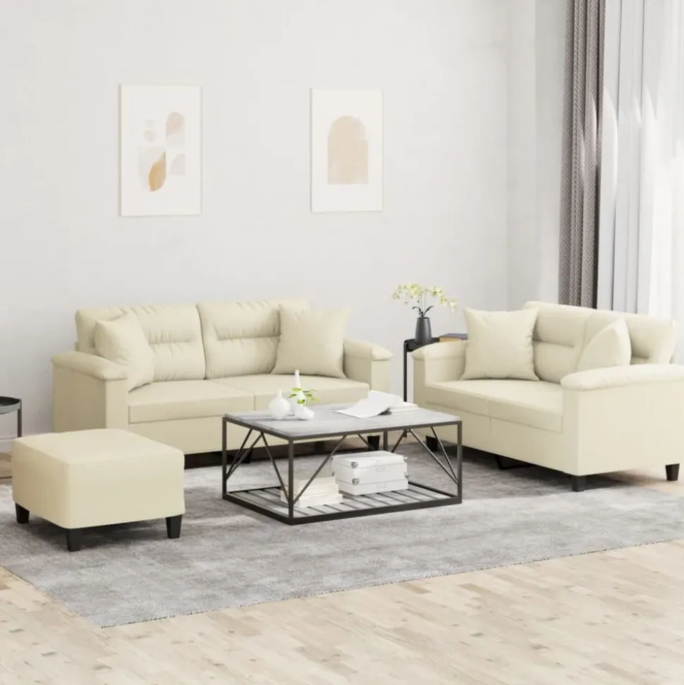vidaXL 3-delige Loungeset met kussens kunstleer crèmekleurig