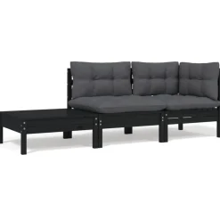 vidaXL 3-delige Loungeset met kussens massief grenenhout zwart