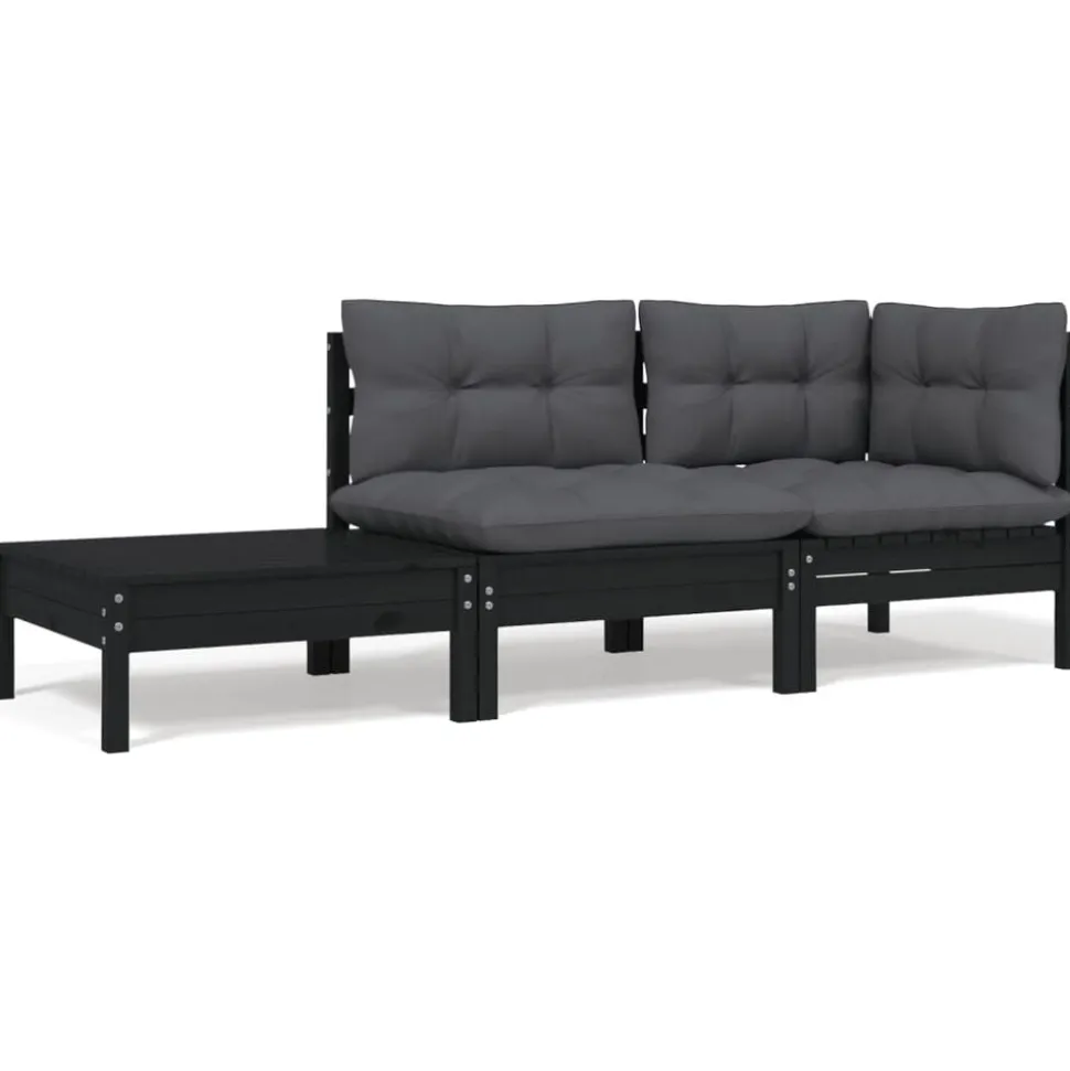 vidaXL 3-delige Loungeset met kussens massief grenenhout zwart