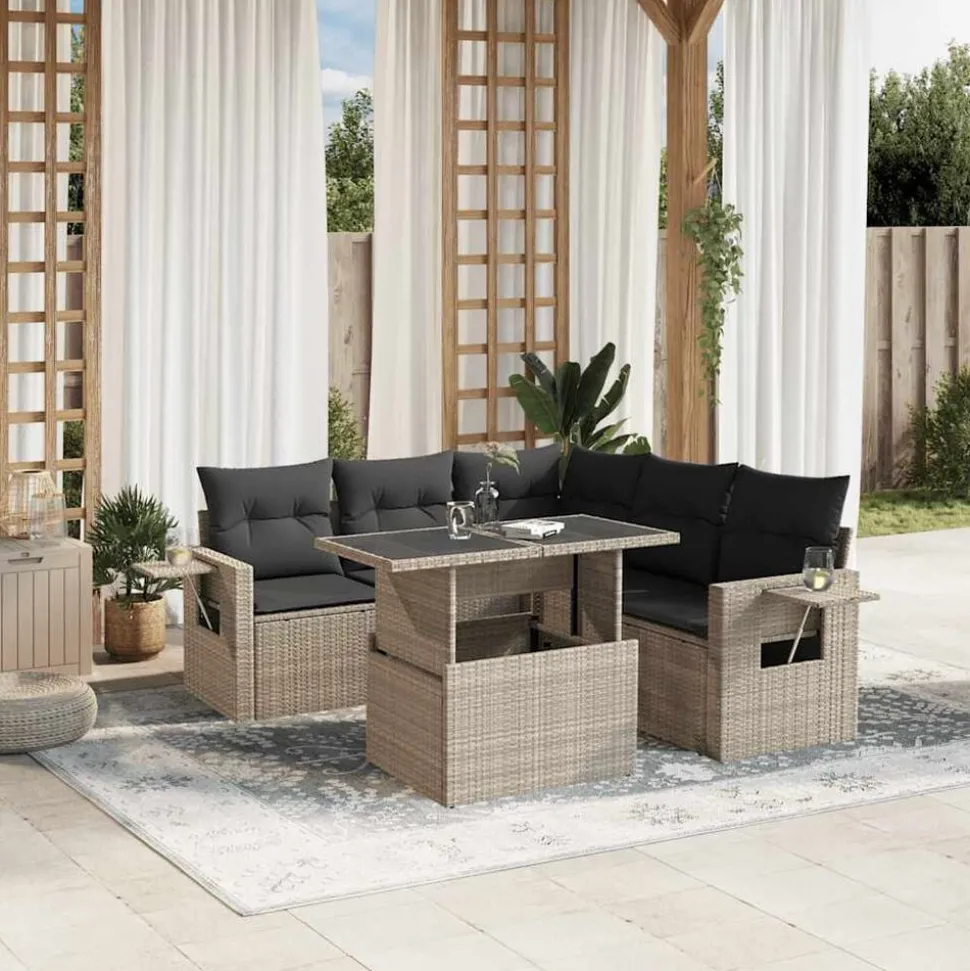vidaXL 6-delige Loungeset met kussens poly rattan lichtgrijs