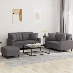 vidaXL 3-delige Loungeset met kussens kunstleer grijs