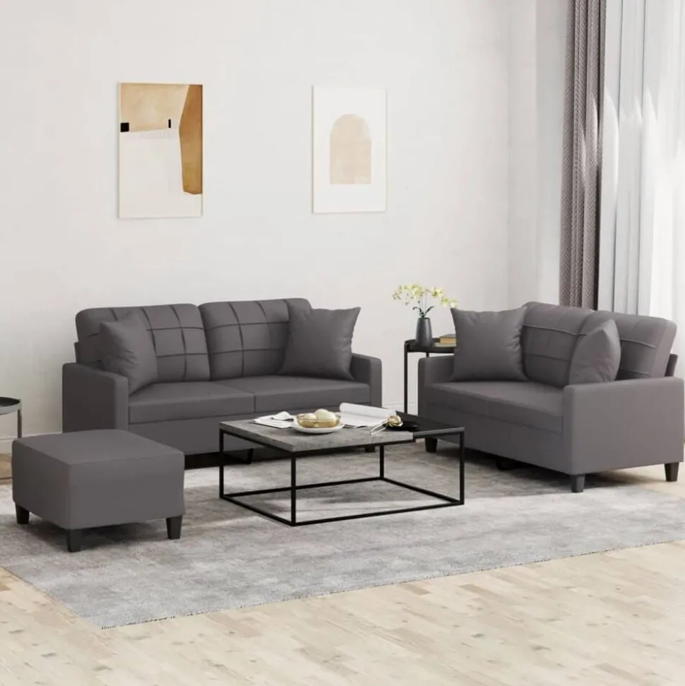 vidaXL 3-delige Loungeset met kussens kunstleer grijs