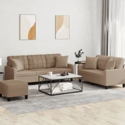 vidaXL 3-delige Loungeset met kussens kunstleer cappuccinokleurig