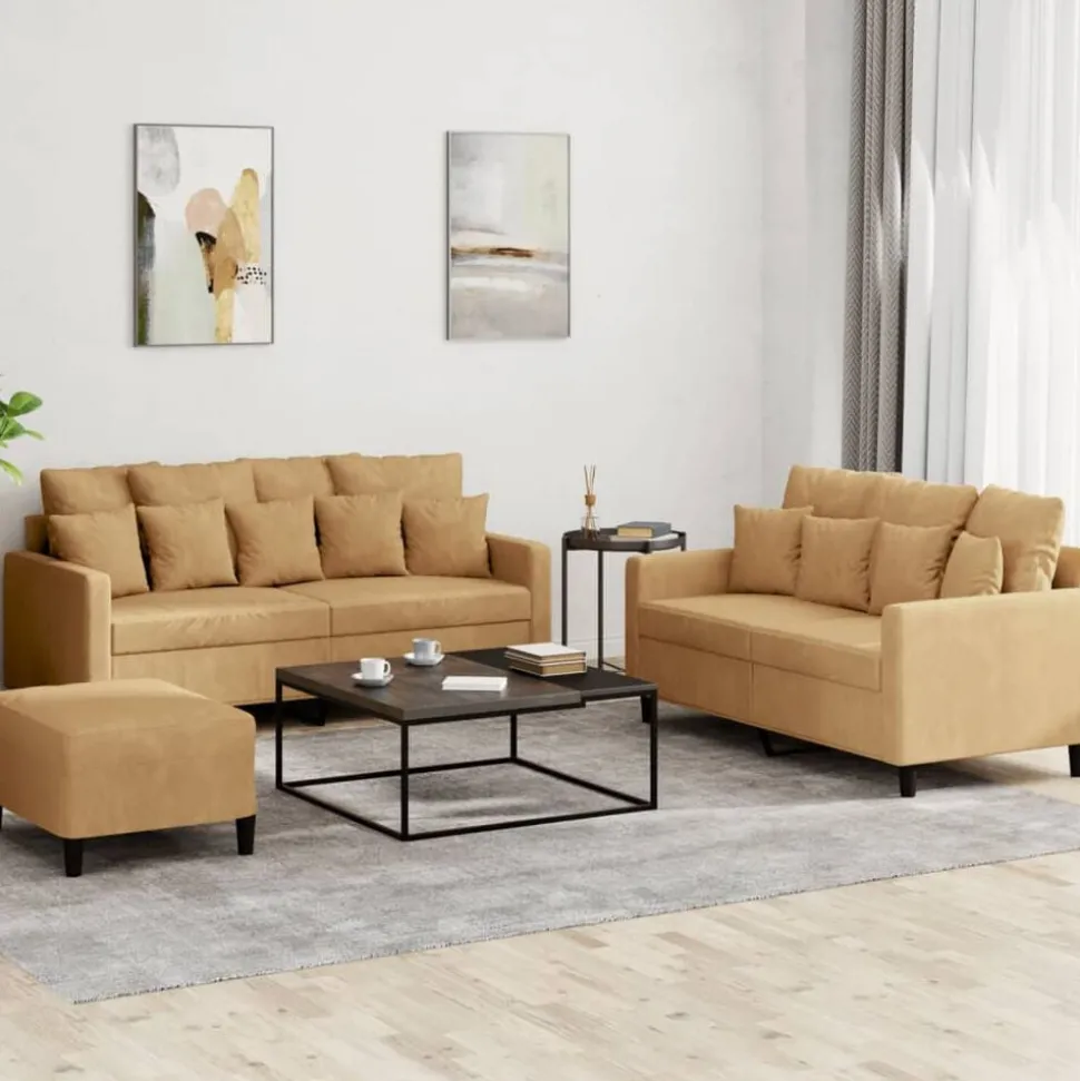 vidaXL 3-delige Loungeset met kussens fluweel bruin