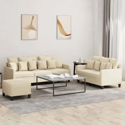 vidaXL 3-delige Loungeset met kussens stof crèmekleurig