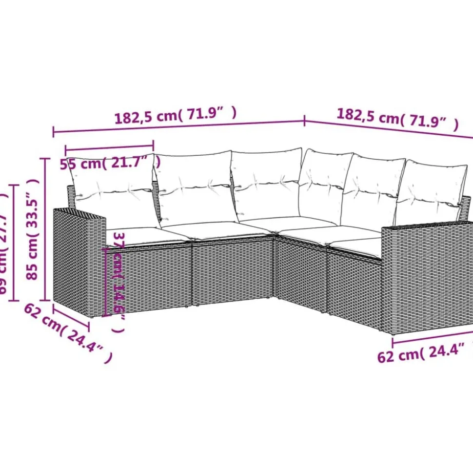 vidaXL 5-delige Loungeset met kussens poly rattan grijs