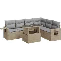 vidaXL 7-delige Loungeset met kussens poly rattan beige