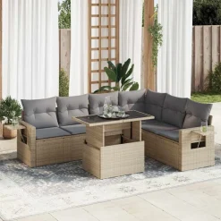 vidaXL 7-delige Loungeset met kussens poly rattan beige