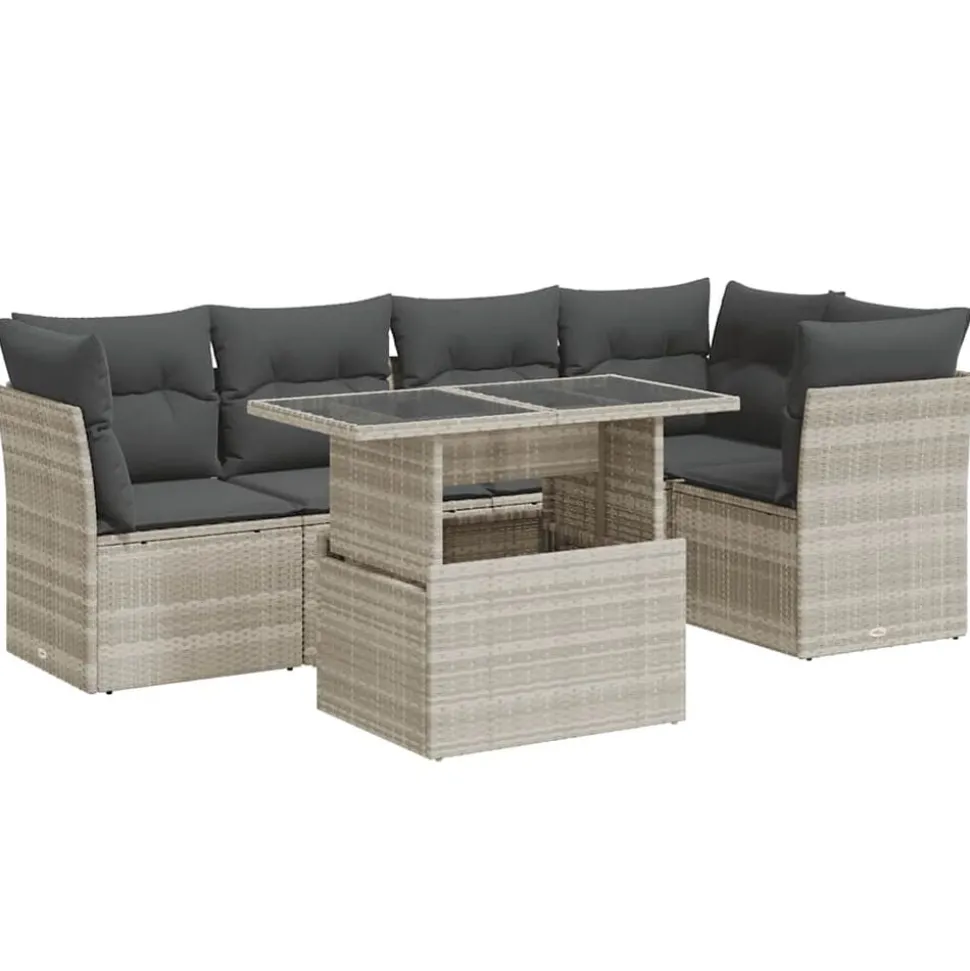 vidaXL 6-delige Loungeset met kussens poly rattan lichtgrijs