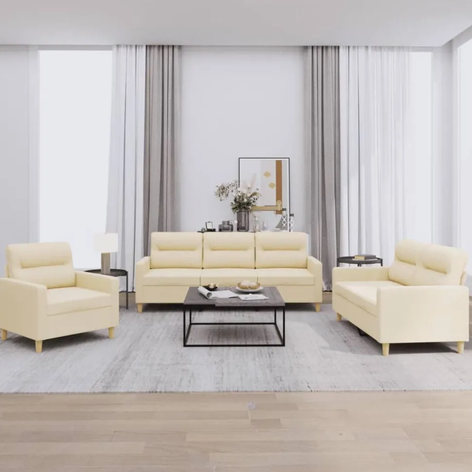 vidaXL 3-delige Loungeset met kussens stof crèmekleurig