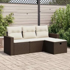 vidaXL 4-delige Loungeset met kussens poly rattan bruin