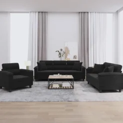 vidaXL 3-delige Loungeset met kussens microvezelstof zwart