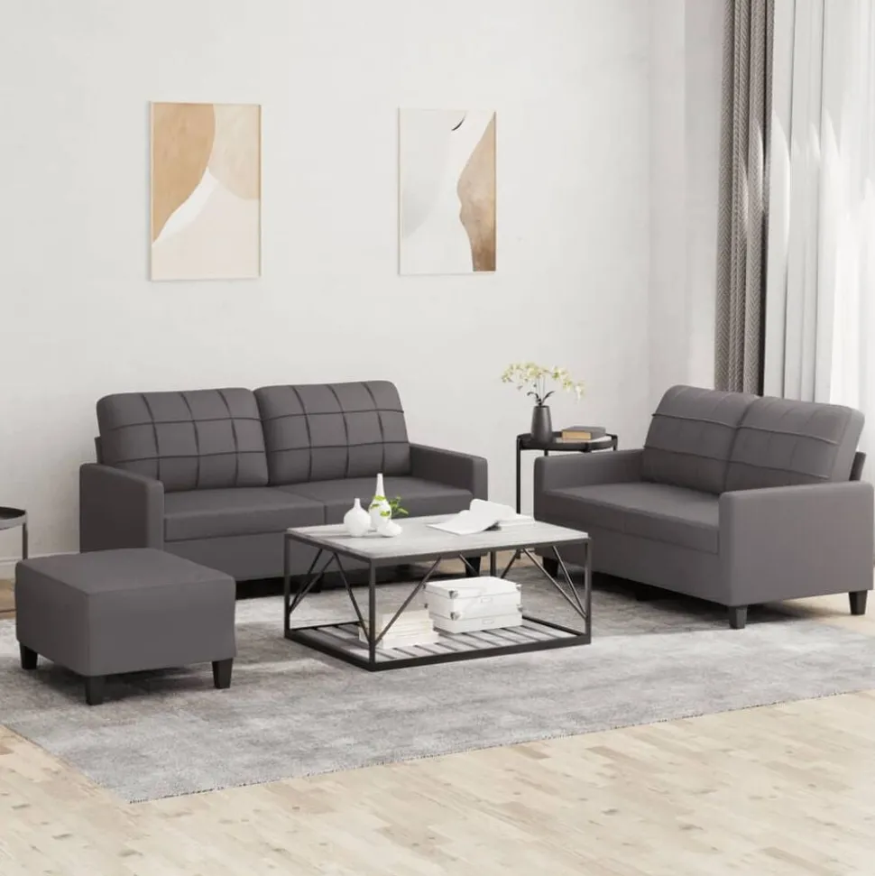 vidaXL 3-delige Loungeset met kussens kunstleer grijs