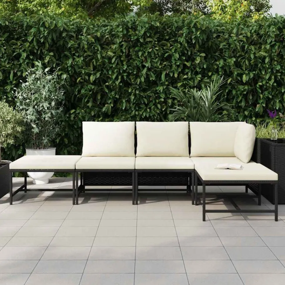 vidaXL 5-delige Loungeset met kussens poly rattan zwart