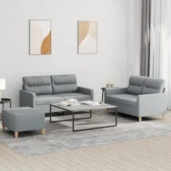 vidaXL 3-delige Loungeset met kussens stof lichtgrijs