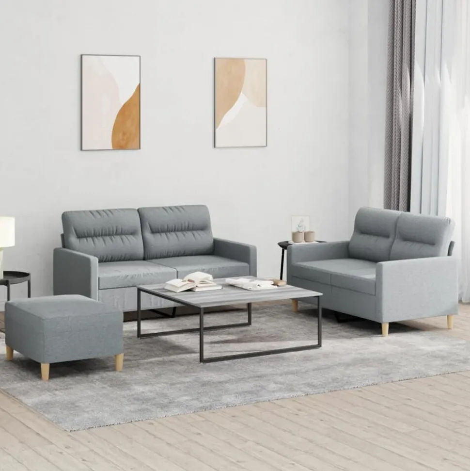 vidaXL 3-delige Loungeset met kussens stof lichtgrijs