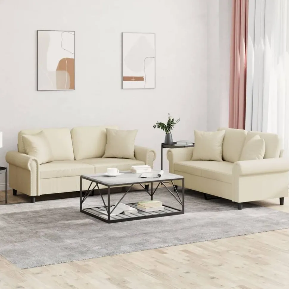 vidaXL 2-delige Loungeset met kussens kunstleer crèmekleurig