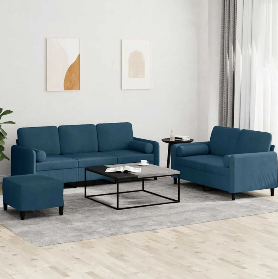 vidaXL 3-delige Loungeset met kussens fluweel blauw