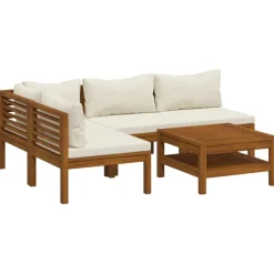 vidaXL 5-delige Loungeset met crèmekleurige kussens massief acaciahout