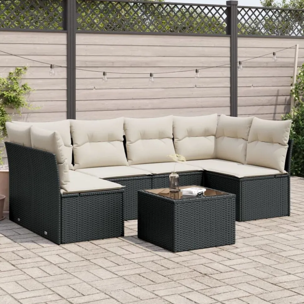 vidaXL 7-delige Loungeset met kussens poly rattan zwart