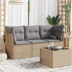 vidaXL 4-delige Loungeset met kussens poly rattan beige