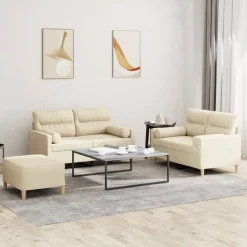 vidaXL 3-delige Loungeset met kussens stof crèmekleurig