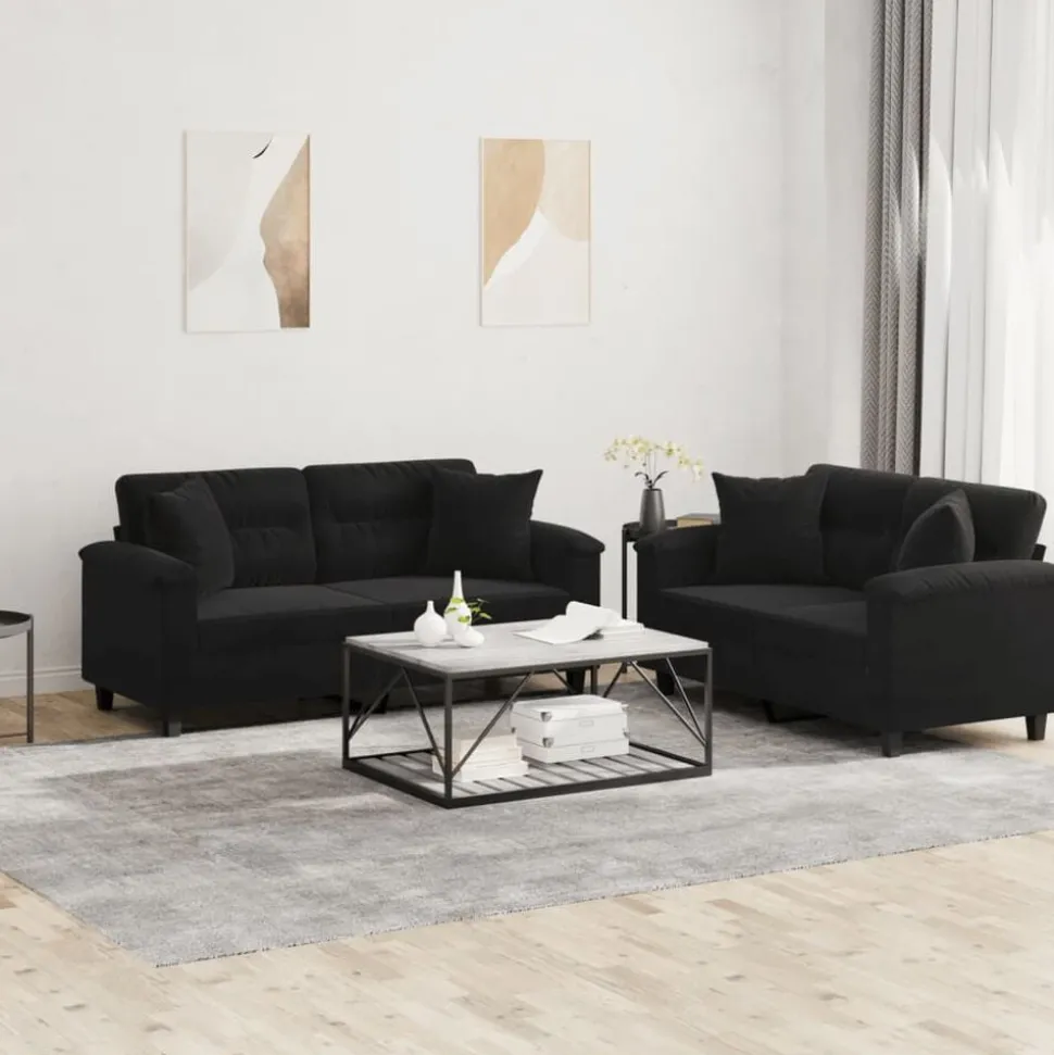 vidaXL 2-delige Loungeset met kussens microvezelstof zwart