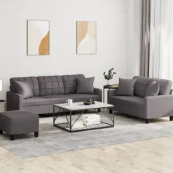 vidaXL 3-delige Loungeset met kussens kunstleer grijs