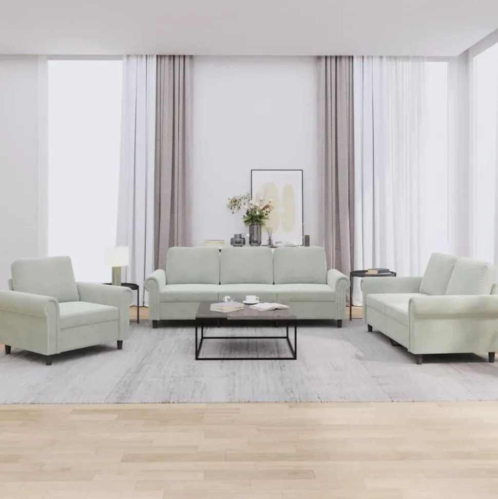 vidaXL 3-delige Loungeset met kussens fluweel lichtgrijs