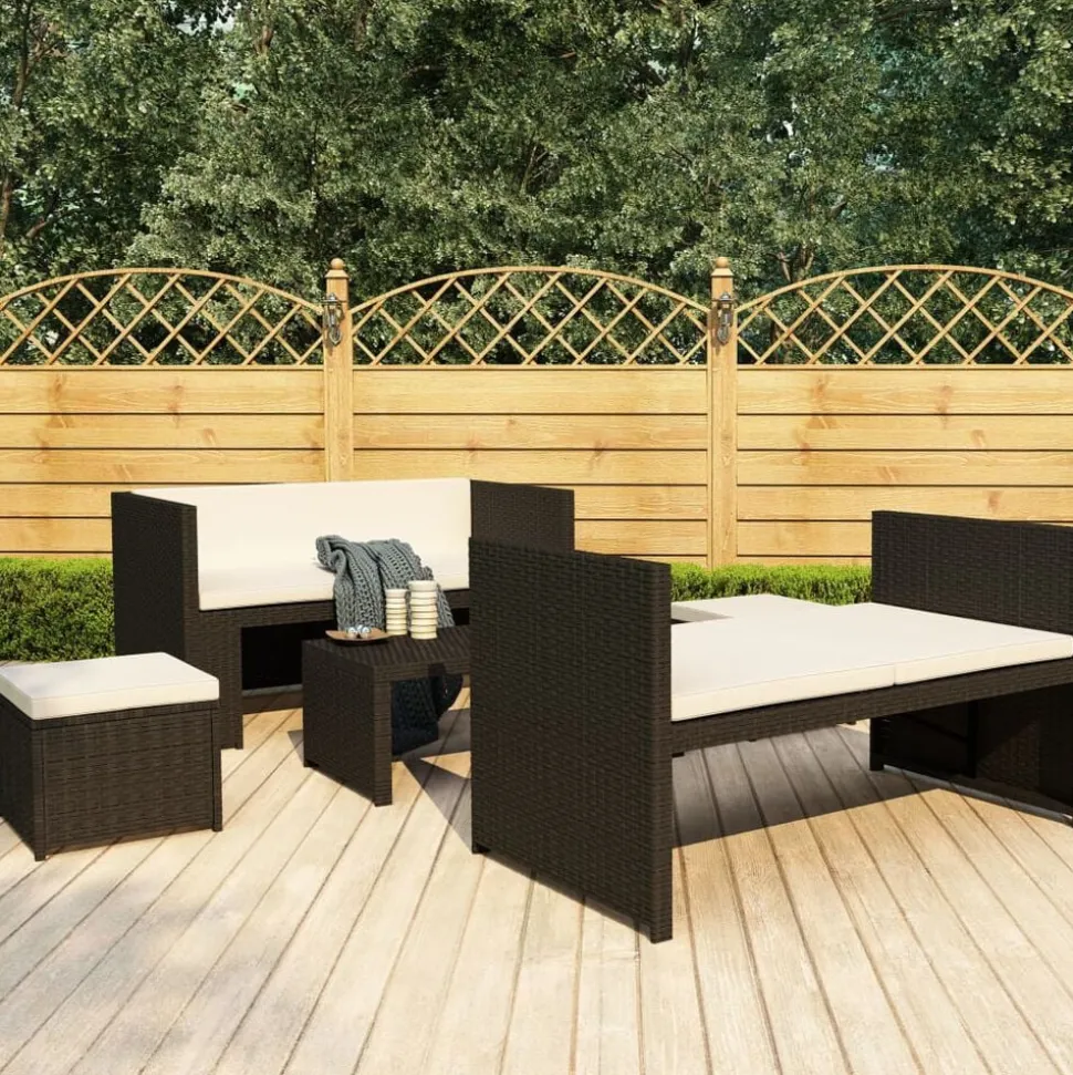 vidaXL 5-delige Loungeset met kussens poly rattan zwart