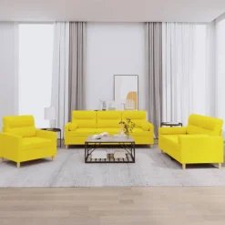 vidaXL 3-delige Loungeset met kussens stof lichtgeel