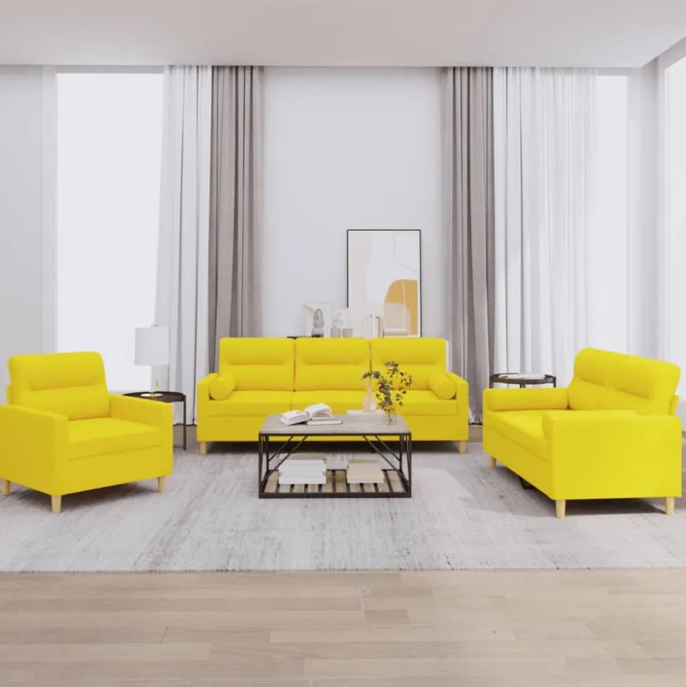 vidaXL 3-delige Loungeset met kussens stof lichtgeel