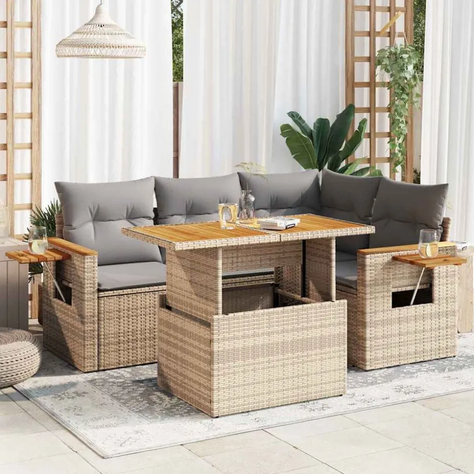 vidaXL 5-delige Loungeset met kussens poly rattan en acaciahout beige