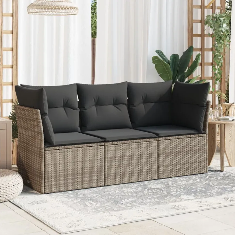 vidaXL 3-delige Loungeset met kussens poly rattan grijs