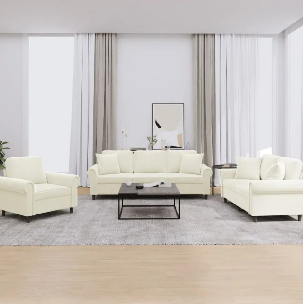 vidaXL 3-delige Loungeset met kussens fluweel crèmekleurig