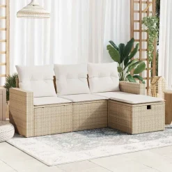 vidaXL 4-delige Loungeset met kussens poly rattan beige