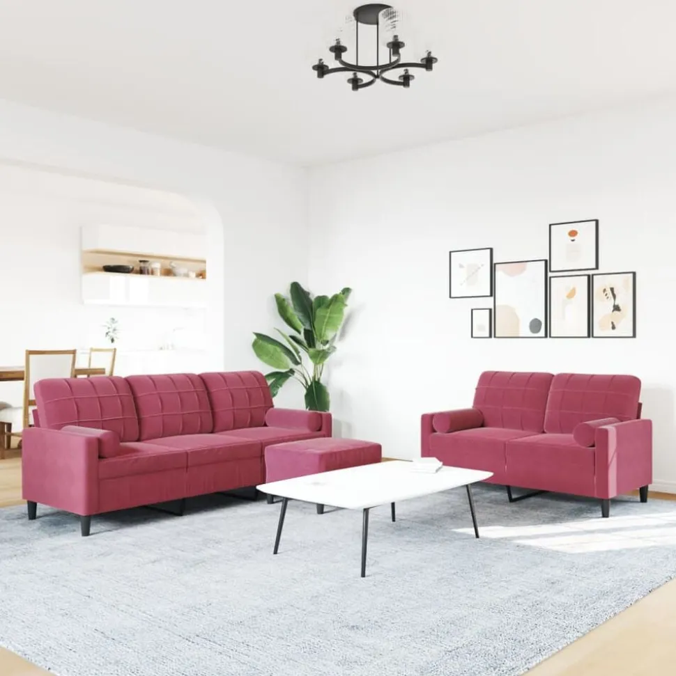vidaXL 3-delige Loungeset met kussens en bolsters fluweel wijnrood