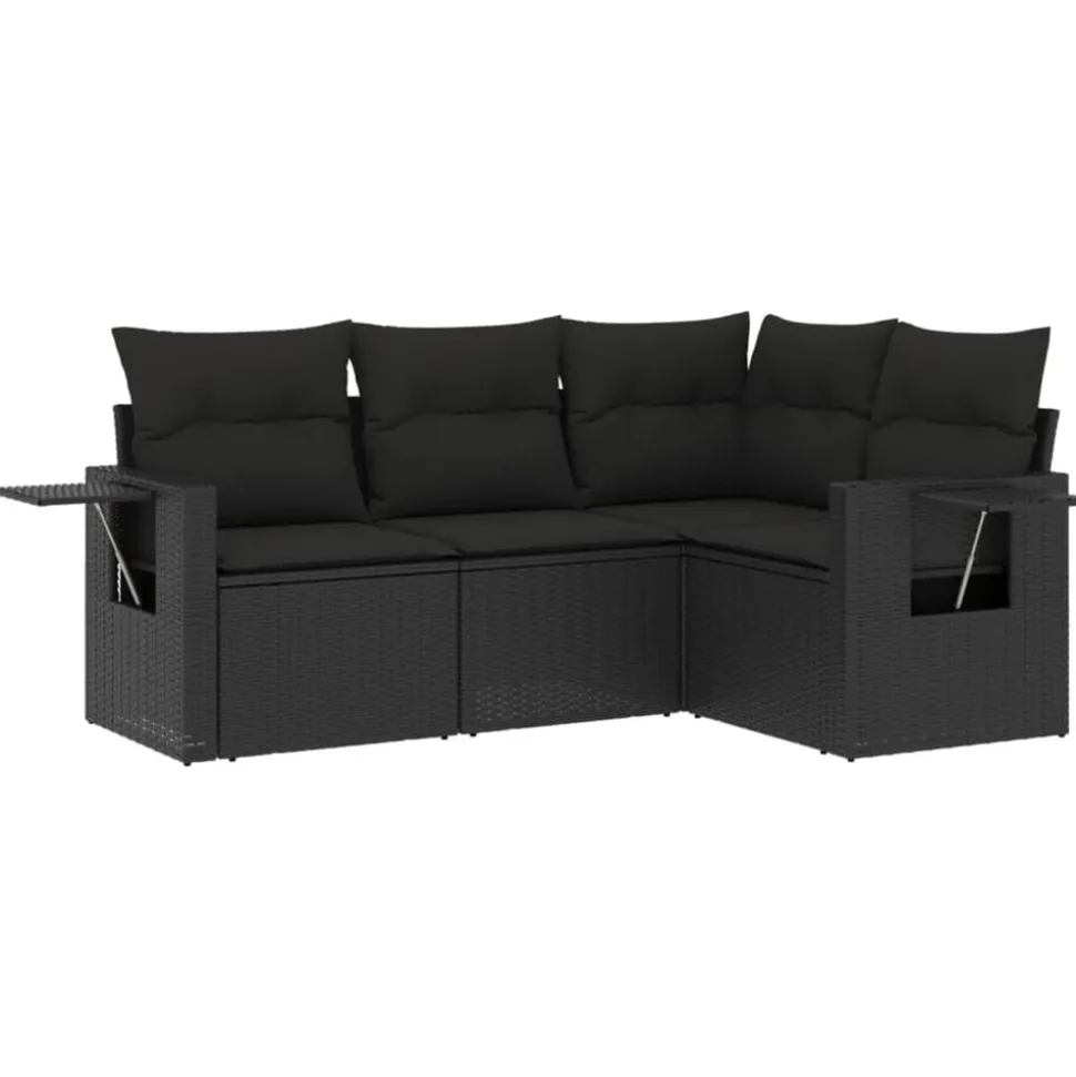 vidaXL 4-delige Loungeset met kussens poly rattan zwart