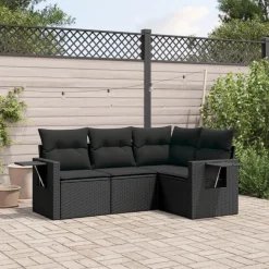 vidaXL 4-delige Loungeset met kussens poly rattan zwart
