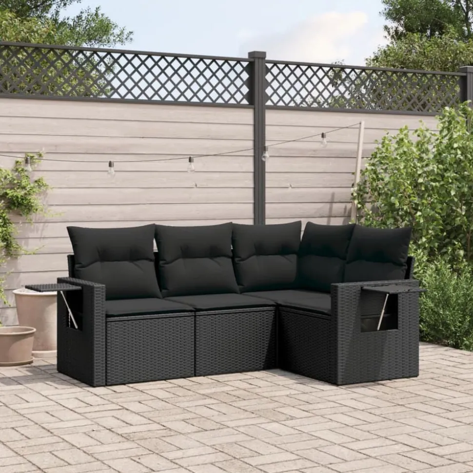 vidaXL 4-delige Loungeset met kussens poly rattan zwart
