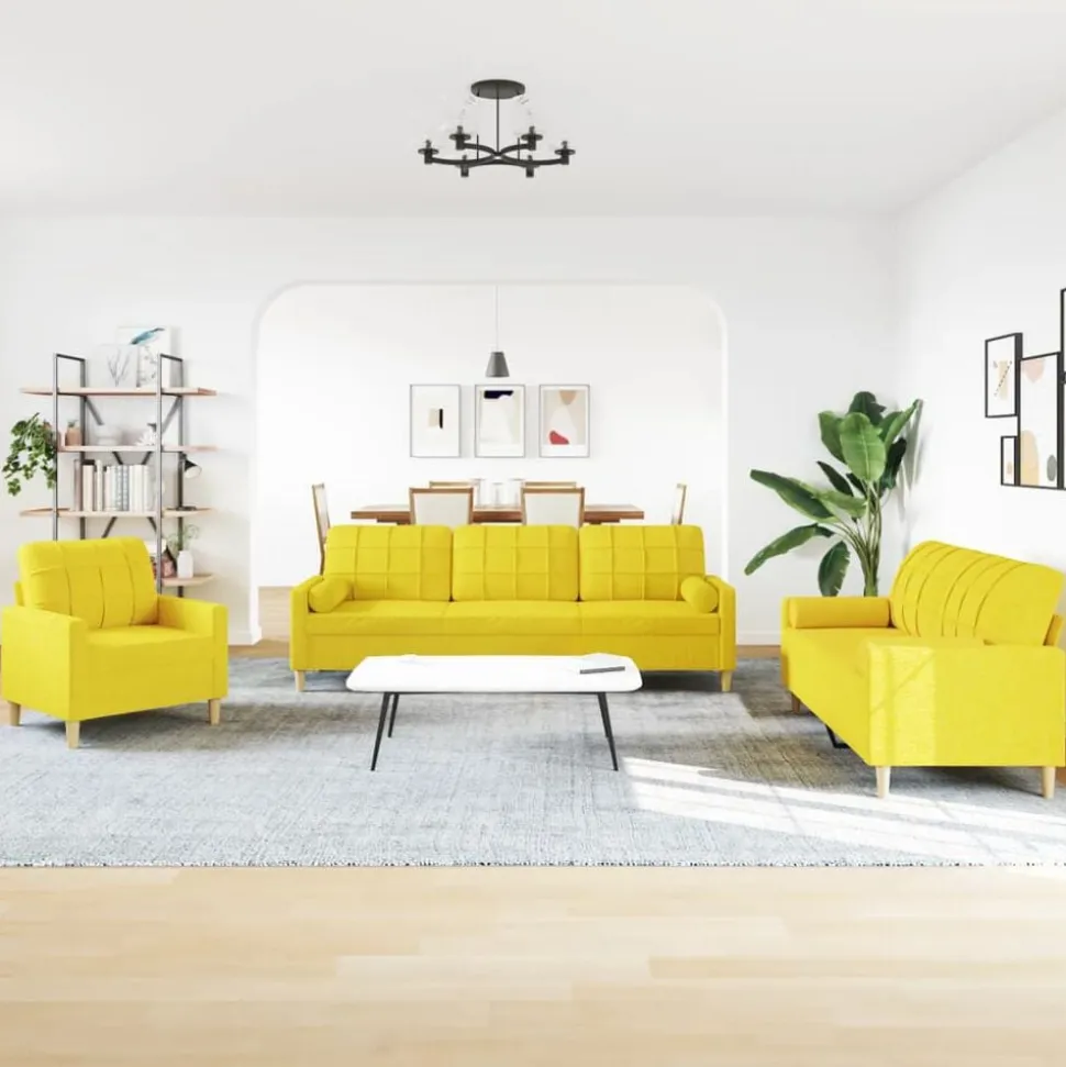 vidaXL 3-delige Loungeset met sierkussens stof lichtgeel