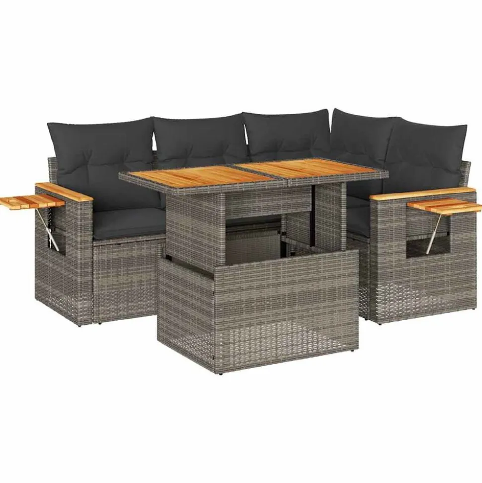 vidaXL 5-delige Loungeset met kussens poly rattan acacia grijs